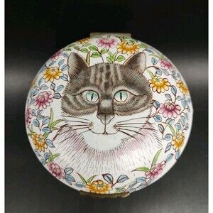 Cat w/ Flowers Asian Style Round Enamel Trinket Box